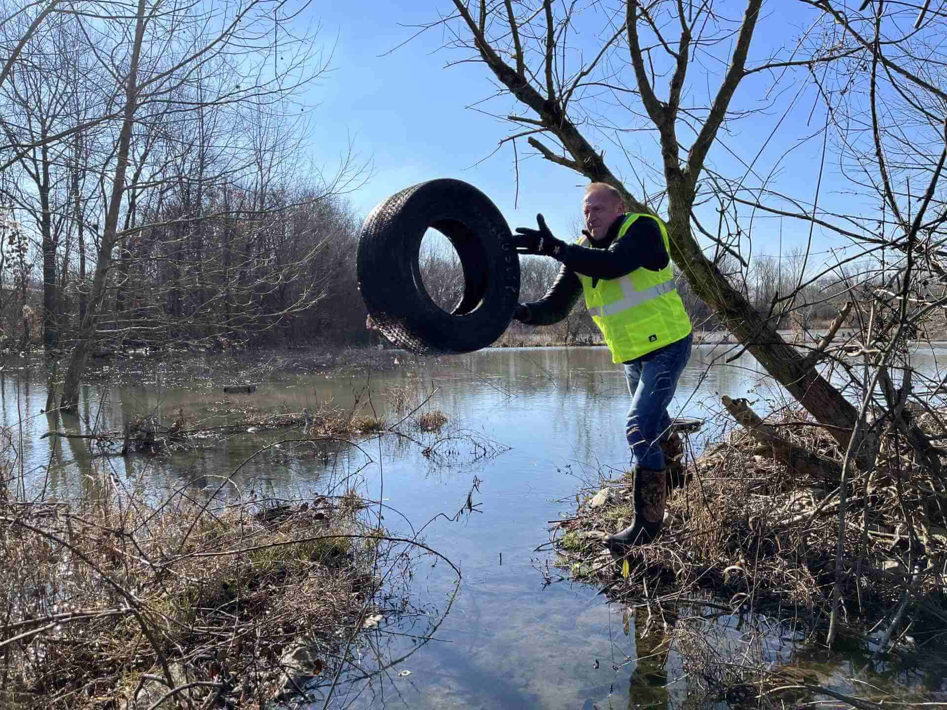 Tire thrown across water