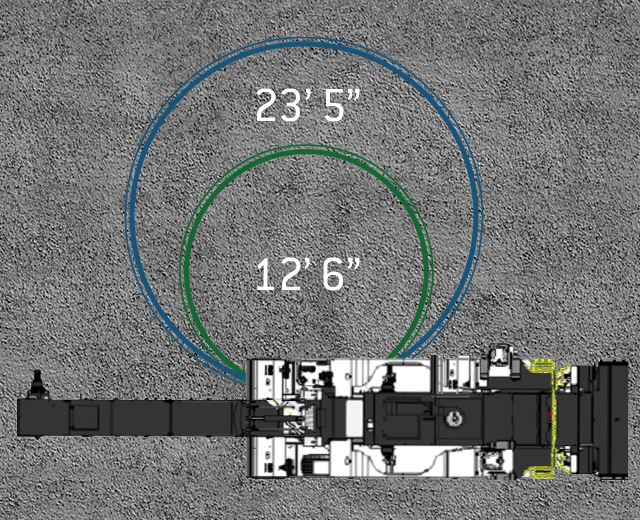 The Roadtec SB-3000 Shuttle Buggy Material Transfer Vehicle showing the turning radius